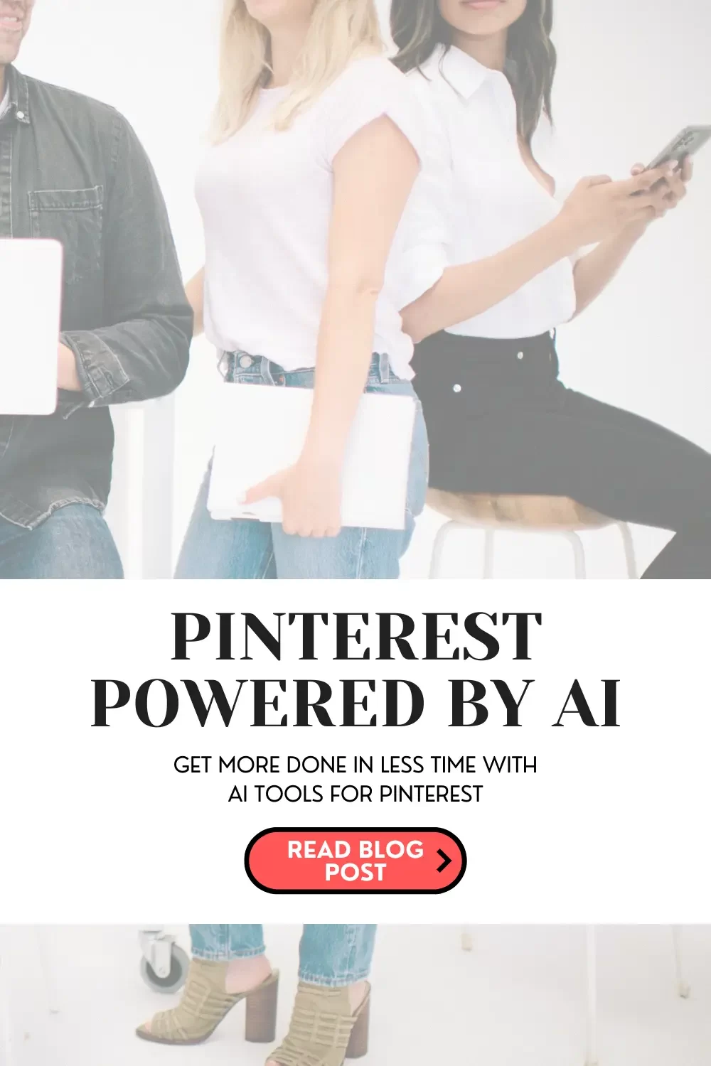Pinterest powered by AI, group of adults standing around in background under text overlay